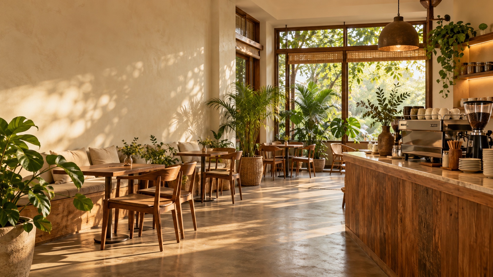 Interior kafe dengan meja kayu, tanaman hijau, dan bar espresso dalam cahaya hangat
